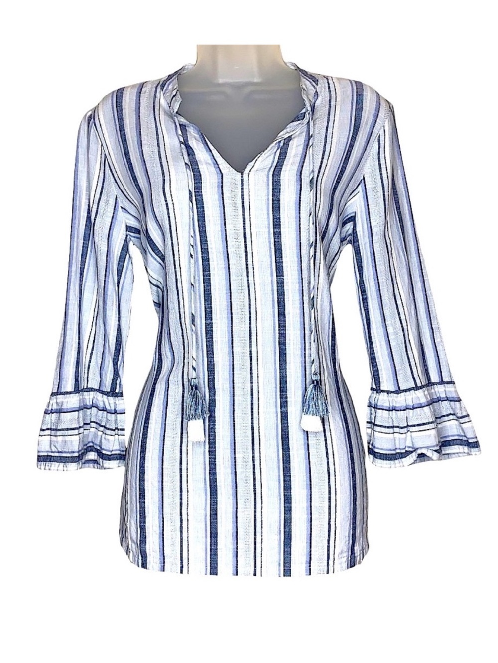Nic + Zoe Linen Striped Split Neck Tassel Ruffle Cuff Top Blue White Nautical S